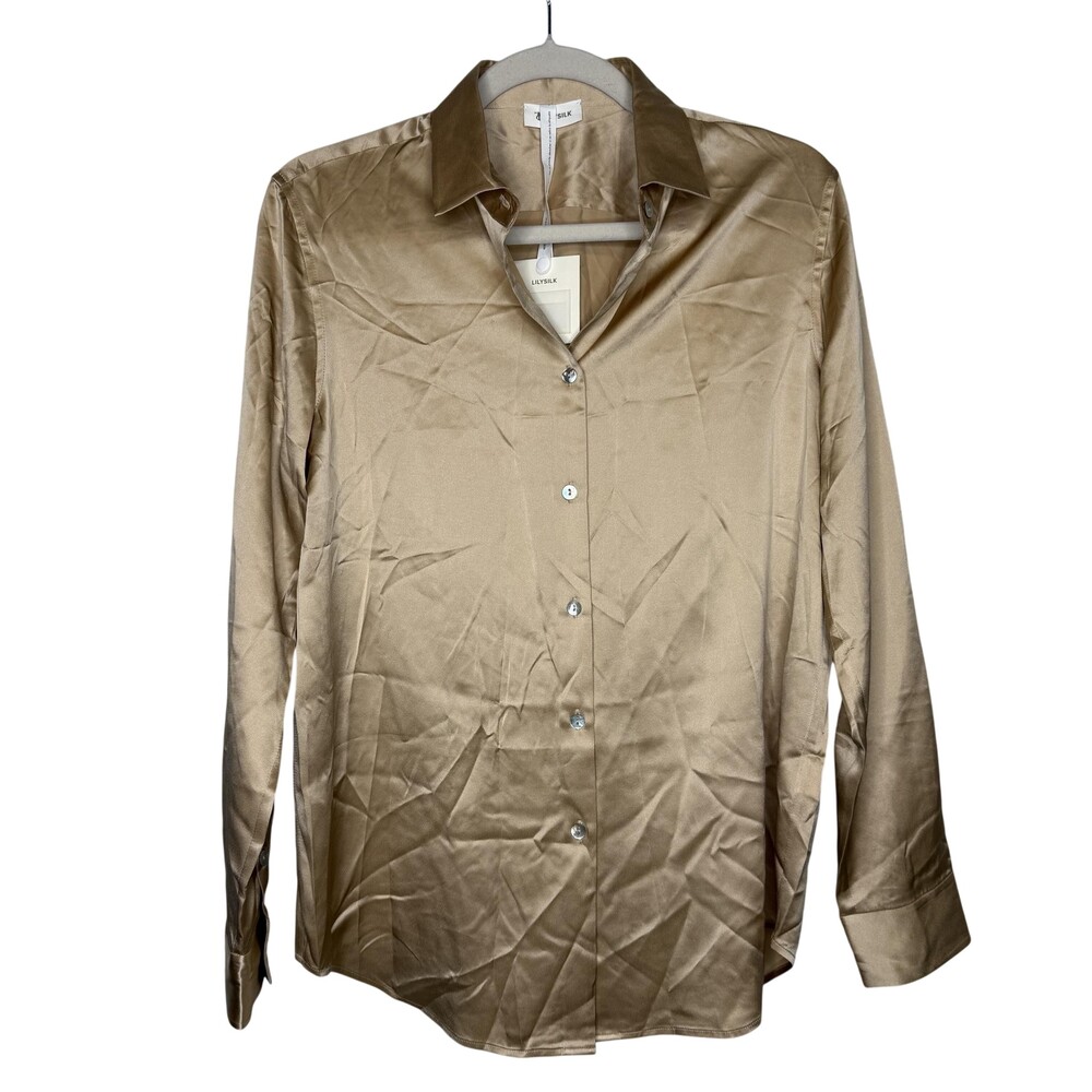 LILYSILK Shirt Womens Medium Beige Light Camel 100% Silk Button Front Top - Flaw
